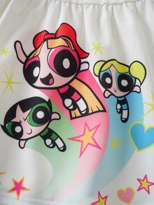 THE POWERPUFF GIRLS X SHEIN Young Girl Cute Cartoon Print Round Neck Long Sleeve Dress - White - View 5