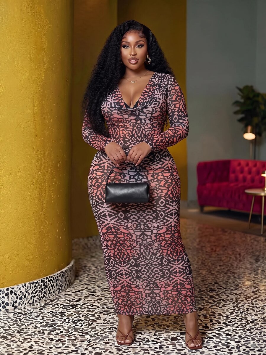 Slaydiva Plus Allover Print Bodycon Dress Fall