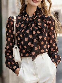 RosyDaze Blus Chiffon Lengan Lentera dengan Kerah Ikat Motif Polkadot - Coffee Brown - View 1