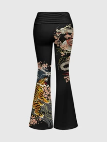 ROMWE Avant Tiger Chinese Dragon Print Cami Top & Flare Leg Pants Set - Black - View 8