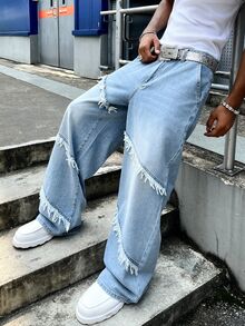 Manfinity EMRG Men Raw Trim Straight Leg Jeans Without Belt - Blue - View 5