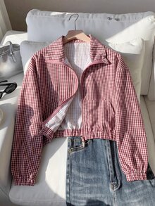 SHEIN 青少年女孩格紋印花落肩夾克 - 紅色 - 查看 2