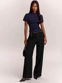 SHEIN BAE Celana Panjang Model Lebar dengan Detail Cincin Solid untuk Jas Kantor Bisnis Warna Hitam Musim Panas Kasual Elegan - Hitam - View 5
