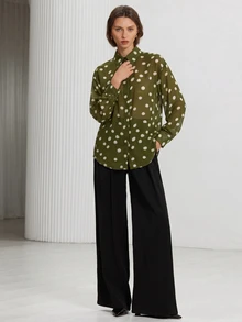 Aveloria Modichic Women Blouses Shirts Office Green Polka Dot Fall Vintage Casual French Elegant - Multicolor - View 4