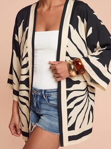 Travachic Tropical Plants Pattern Drop Shoulder Kimono - Black - View 5