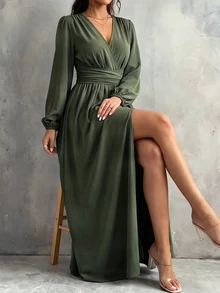 Wandoria Lantern Sleeve Split Thigh Dress - Green - View 4