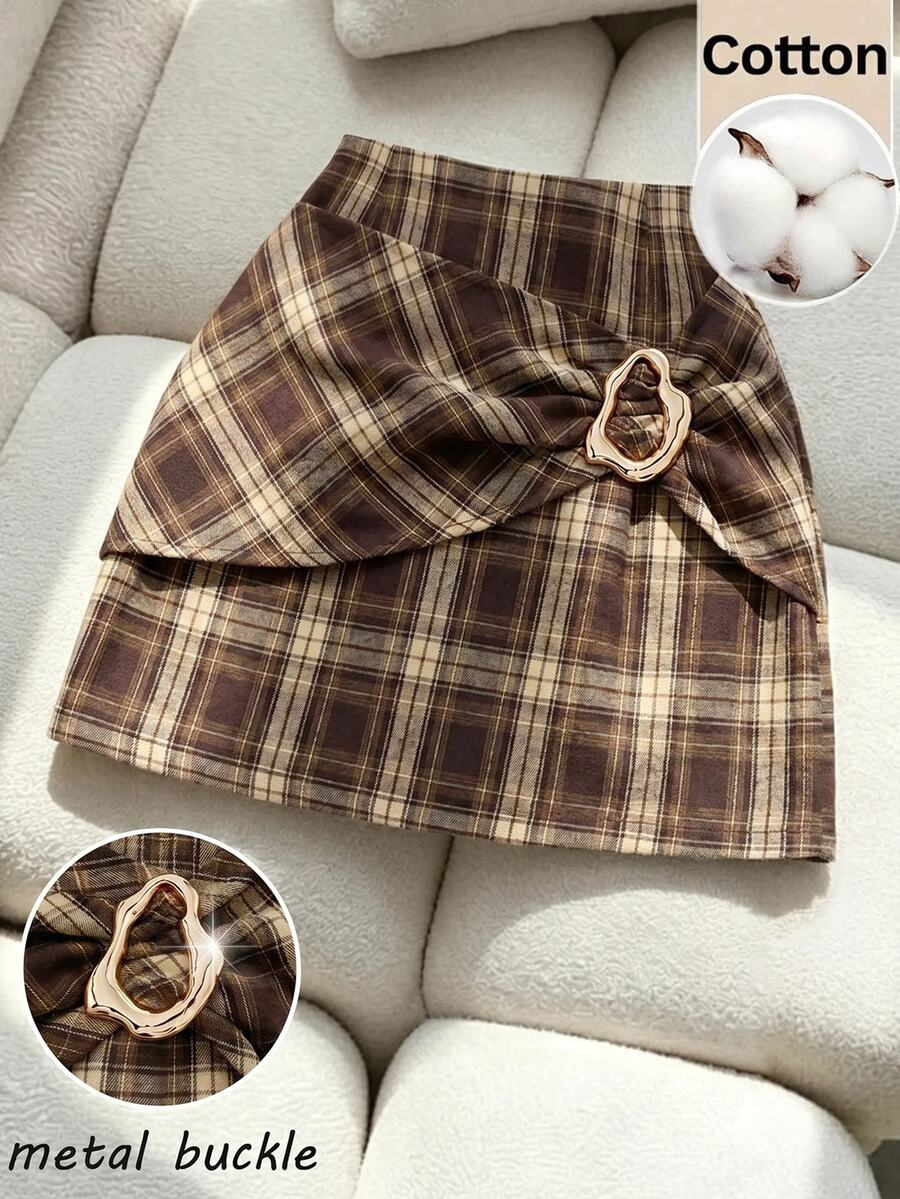 Lavishia Plaid Metal Buckle Mini Skirt, Vintage Autumn/Winter - Mocha Brown - View 1