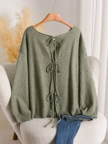 CosyJoli Women's Loose Knit Sweater With 3 Bows Hollow Out Design, Dropped Shoulder Lantern Sleeves, Autumn/Winter Top - Green - View 5