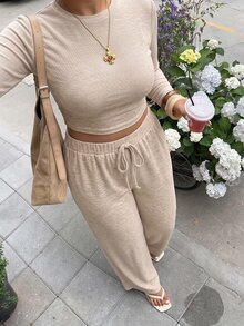 Muchica Plus Size Round Neck Long Sleeve Minimalist T-Shirt And Drawstring Waist Long Pants 2 Pieces Set Fall - Khaki - View 3