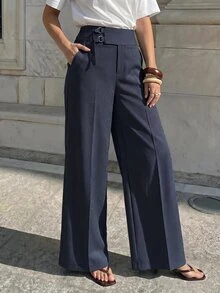 Lavishia Blue Striped Low Waist Straight Leg Suit Pants With Pockets, Suitable For Commuting - Royal Blue - View 5