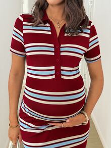 MaterniWear Maternity Striped Casual Daily Summer Travel Dress Black And Red - Red - View 5
