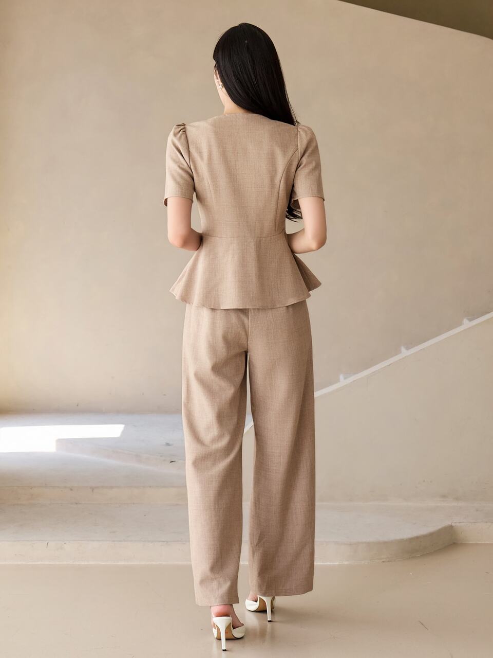 Women's Summer Elegant Commute Petal Sleeve Blouse & Pants 2 Pieces Set
