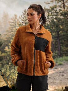 Exploreva Women's Winter Comfortable Zipper Pocket Long Sleeve Outdoor Fleece Jacket - Brown - View 6