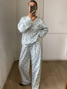 Livesso Letter And Polka Dot Print Drop Shoulder PJ Set - Grey - View 4