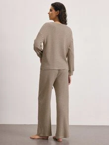 Ocili Striped Drop Shoulder Lounge Set - Khaki - View 3