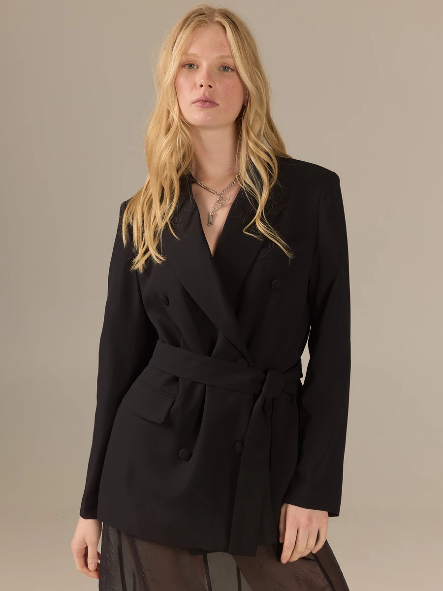 KÆRIA Hus Belted Double-Breasted Tuxedo Blazer - Crepe Suiting - Black - Tailored, Office, Elegant Classy Business Professional, Summer - Black - View 1