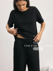 Ocili Solid Drop Shoulder Lounge Tee - Black - View 1