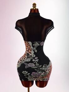 Floral & Leopard Print Bodycon Dress With Super Crop Top - Black - View 3