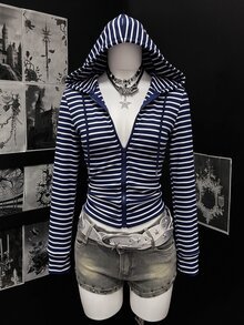 SHEIN Unity Zip-up hoodie med kontrastrandigt tryck och dragsko - Multifärgad - Visa 6