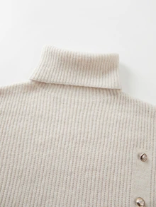 SHEIN Turtleneck Button Detail Split Thigh Sweater Dress - Apricot - View 6
