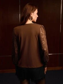 MOTF PREMIUM ELEGANT COWL NECK CONTRAST LACE LANTERN SLEEVE VINTAGE AUTUMN/WINTER LONG SLEEVE TOP - Brown - View 7