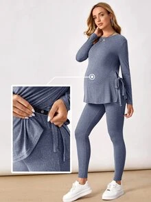 SHEIN Maternity Solid Color Long Sleeve Side Knot Hem Split T-Shirt And Leggings Casual 2 Pieces Set Fall - Navy Blue - View 5