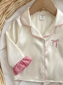 SHEIN 女嬰蝴蝶結前襟對比包邊荷葉邊睡衣套裝 - 米色 - 查看 4