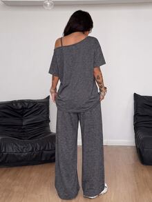 Coolane Asymmetrical Neck Tee & Wide Leg Pants - Dark Grey - View 5