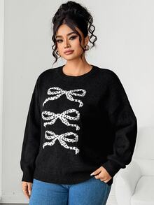 Elenzga Plus Bow Pattern Drop Shoulder Sweater - Hitam dan Putih - View 4