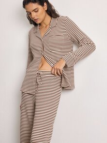 Ocili Conjunto de pijama con estampado de rayas y botones delanteros - Caqui - Ver 6