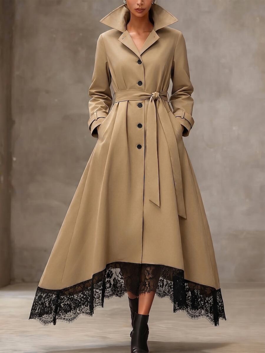 Wandoria Contrast Lace Asymmetrical Hem Belted Longline Lightweight Jacket - Khaki - View 1