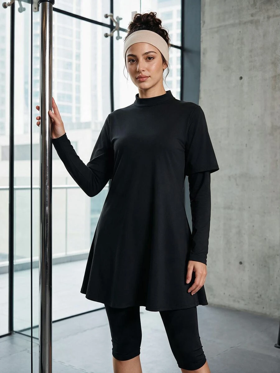 SHEIN With My Calm Mock Neck Sports Tee & Leggings - Black - View 1