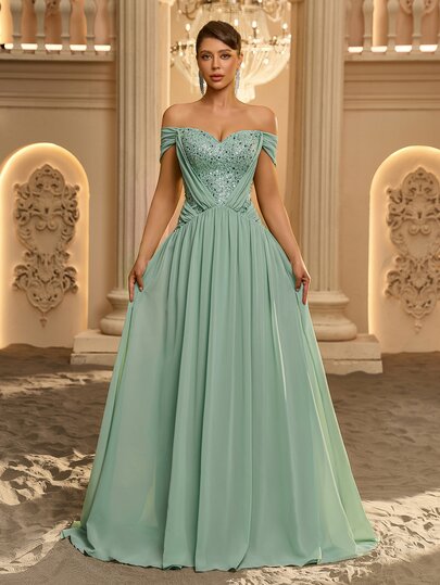 Glamrae Elegant Romantic Luxury Cold Shoulder Evening Gown With Luxury Sequin Embroidery, Cold Shoulder Design, Internal Boning, Spliced Chiffon Waist Decor, Curved Waistline With Pleated Abdomen Flattering, Bodycon A-Line Long Dress, Suitable For Festivals, Celebrations, Weddings, Balls, Concerts, Business Guest Banquets, Internet Celebrity Events, Women's Heavy Workmanship Evening Dress