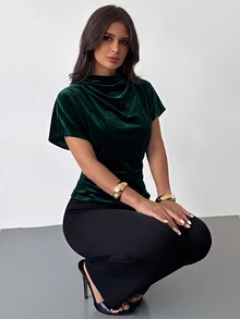 Firerie قميص نسائي من قماش الكتان والخيزران بلون المشمش، بياقة مجعدة وأكمام غير متماثلة وخصر جانبي مجعد بتصميم تنحيفي، مناسب للتنقل اليومي وجميع الفصول - أخضر داكن - مشاهدة 3