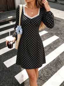 SHEIN PariChic Polka Dot Print Lace Trim Sweetheart Neck Dress - Black - View 3