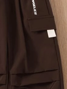 Young Boy Graphic Flap Pocket Side Drawstring Waist Cargo Pants - Brown - View 4