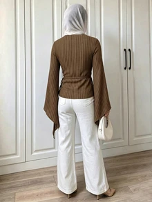 Elenzga Mock Neck Asymmetrical Hem Tee - Brown - View 2