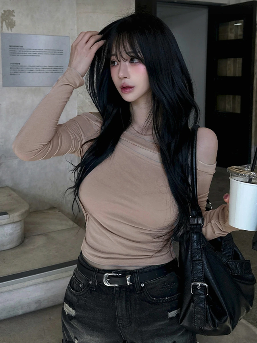 DAZY Solid Off Shoulder Cut Out Detail Slim Fit Crop Tee - Khaki - View 1