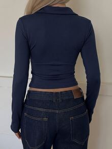 SHEIN EZwear T-shirt court à boutons devant et froncé unicolore - Bleu marine - Voir 2