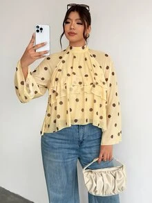 Firerie Plus Dot Allover Print Ruffle Trim Flounce Sleeve Blouse Fall - Yellow - View 5