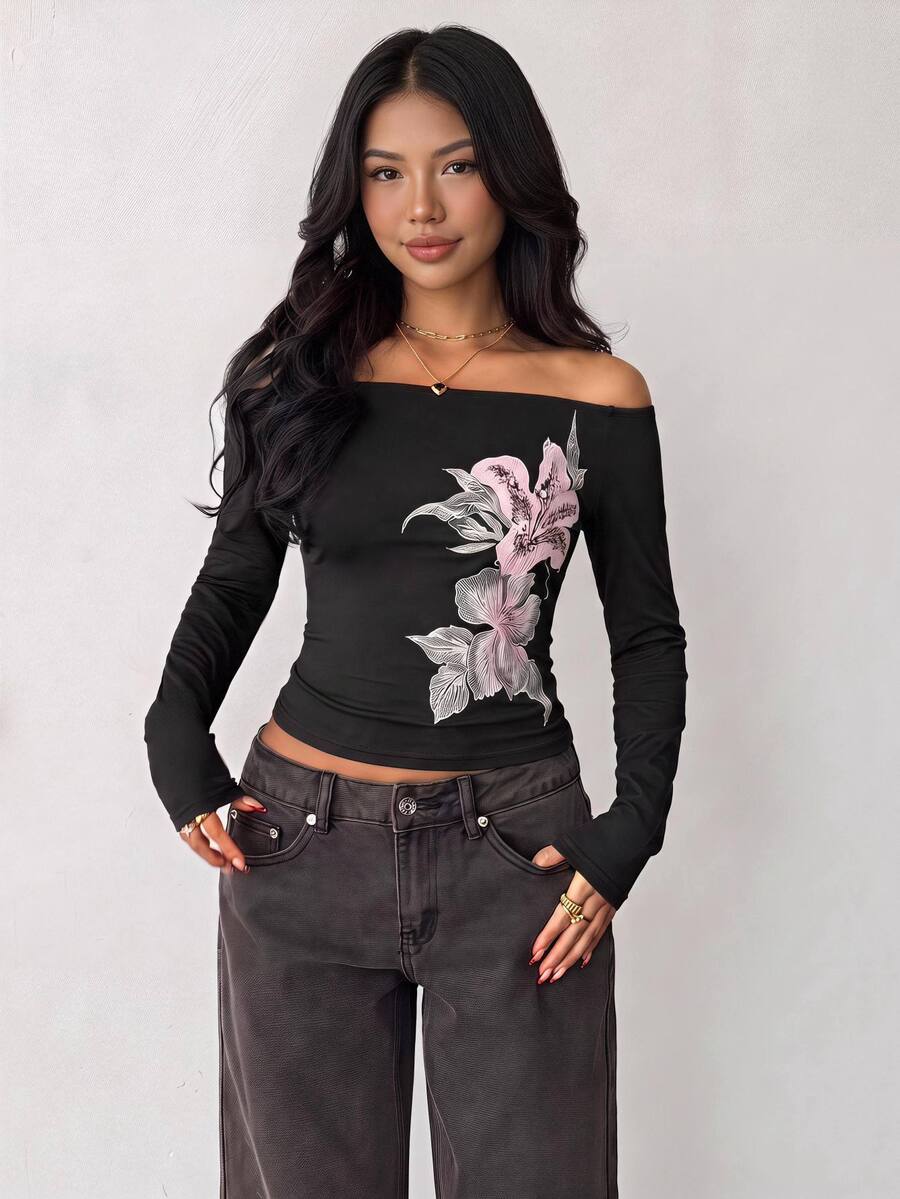 SHEIN Teen Girl Floral Print Off Shoulder Tee - Black - View 1