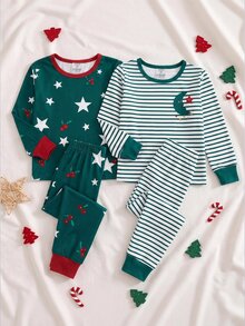 SHEIN 小男孩 1件條紋與星星印花睡衣上衣 + 1件睡褲 - 彩色 - 查看 3
