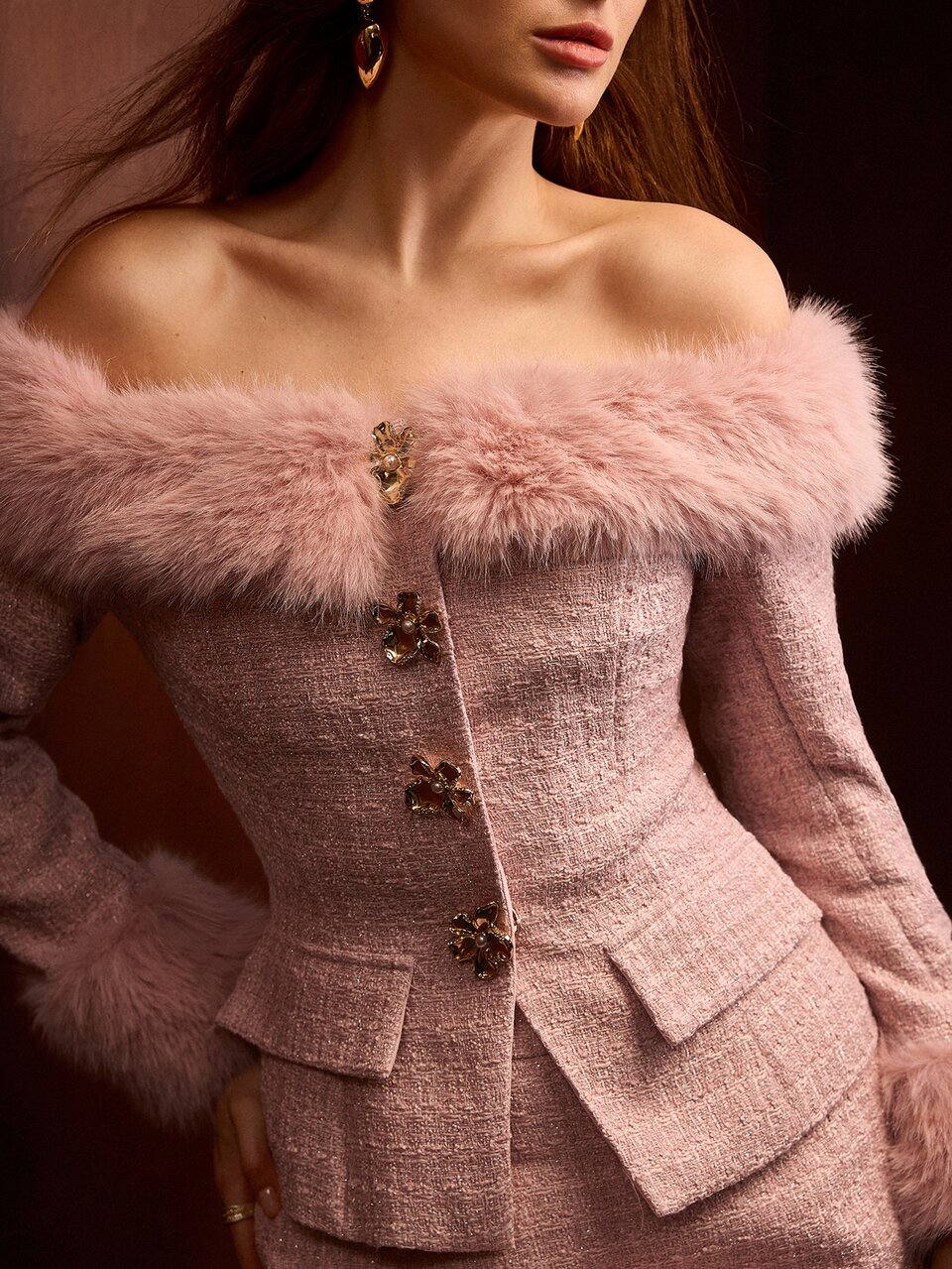 MOTF AUTUMN/WINTER ELEGANT OFF SHOULDER FAUX FUR PATCHWORK JACKET AND SKIRT 2 PIECES SET