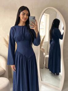 Veilorie Solid Ruched Bust Flowy Hem Arabian Dress - Blue - View 7