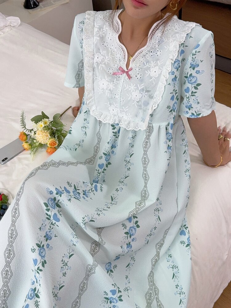 Napfluff Plants Print Contrast Schiffy Panel Sleep Dress Sleep Lounge White And Blue Floral Summer Cute Old Money - Blue - View 4