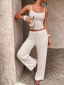 Aloruh Contrast Striped Print Crop Cami Top & Drawstring Waist Pants Set - Apricot - View 3