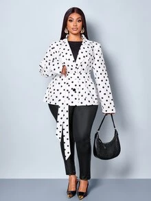 SOLERSUN Plus Polka Dot Print Belted Blazer - Black and White - View 4