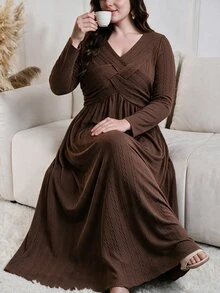 Lacomfia Plus Size V Neck Wrap Long Sleeve Dress, Textured Knit Brown A-Line Fall Dress, Casual Modest Dress For Daily Wear, Autumn Gathering - Brown - View 1