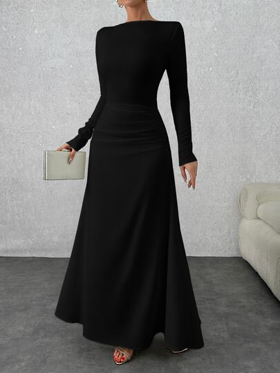 SHEIN PETITE Vestido de noite formal elegante e modesto para mulher petite, maxi, manga comprida, preto liso, em cetim com pormenores