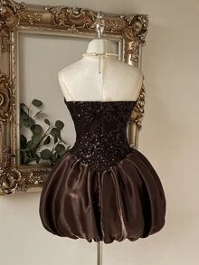 Lovelzi Elegant Glamorous Coffee Color Sequin Embroidered Patchwork Shiny Silk Strapless Deep V-Neck Bud Skirt Prom Dress - Coffee Brown - View 3